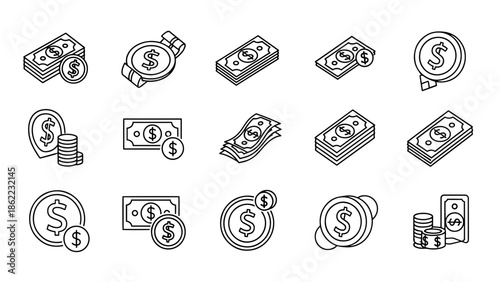 A set of fifteen minimalistic, black and white illustrations of currency icons featuring coins, bills, and stacks, all with dollar signs