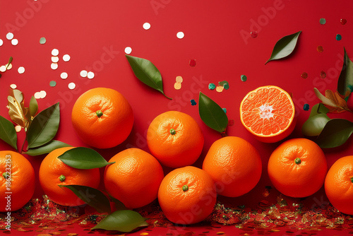 Mandarin oranges with green leaves arranged neatly on red background