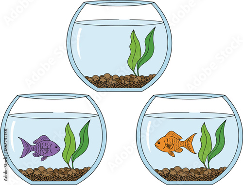 Three fishbowls with purple orange and empty fishbowl with green plants and brown gravel