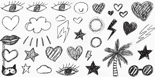 Collection of hand drawn sketches including eyes hearts lips and various symbols