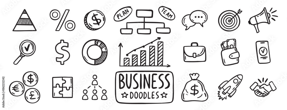 Fototapeta premium business doodle hand drawn icon set. Outline drawing business line clipart symbol collection