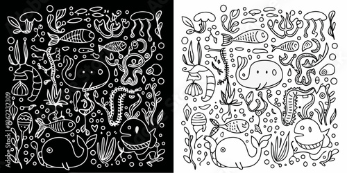 Whimsical underwater scene with sketched fish jellyfish and marine life