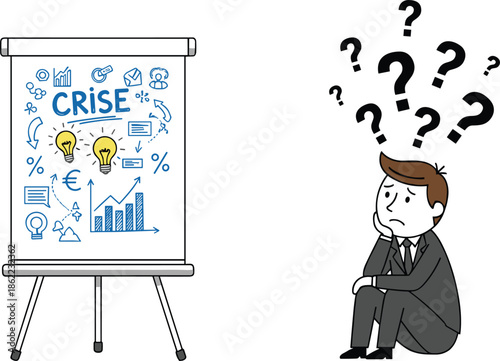 Business crisis concept with confused businessman and presentation board, problem solving, uncertainty, strategy failure, financial challenge illustration