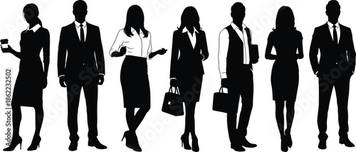 Business professionals silhouettes standing together in formal attire, corporate teamwork concept, elegant office people group illustration