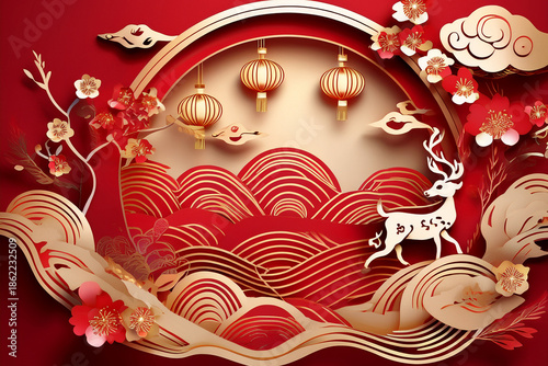 Modern paper‑cut Chinese New Year illustration, layered red and gold shapes, zodiac animal silhouette
