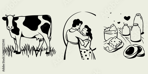 A charming illustration depicts a cow a couple and dairy products