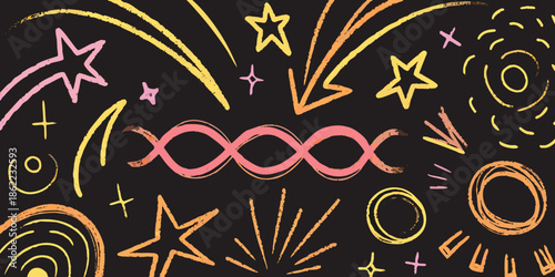 Colorful chalk drawing showing stars circles and abstract shapes on black background