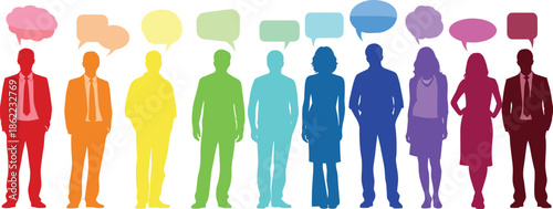 Colorful business people silhouettes with speech bubbles, communication concept, teamwork discussion, diversity and collaboration illustration for modern workplaces