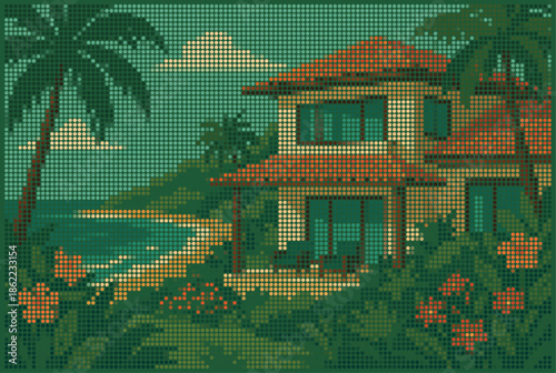 Tropical Ocean Front Property Water View Halftone Matrix Illustration