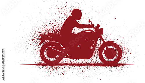 Motorcycle rider silhouette with grunge splatter effect, dynamic biker speed concept, urban motorbike illustration, powerful freedom motion design
