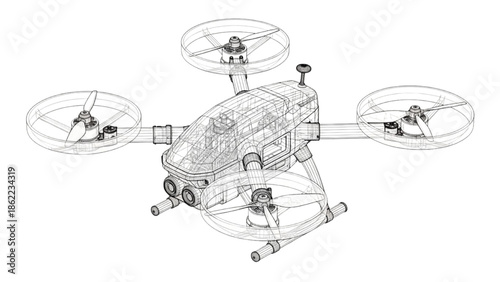 Technical Illustration of Quadcopter Drone Design with Four Rotors in Transparent Wireframe View for Engineering Concept