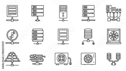 A set of black and white line art illustrations depicting various server rack and cooling system designs