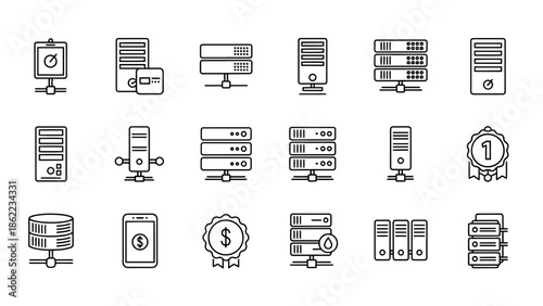 A set of black and white line art icons depicting various network server configurations, a badge, and a smartphone icon