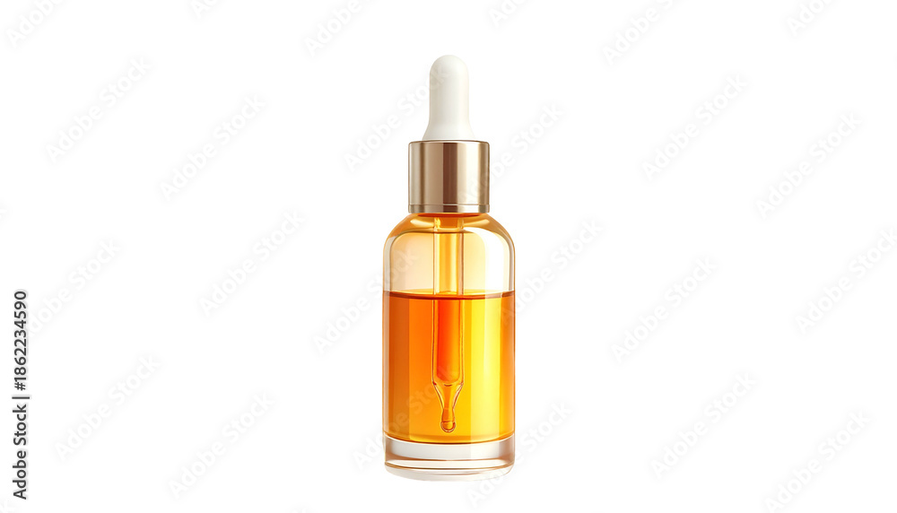 Naklejka premium A glass bottle with golden liquid and dropper, isolated on a black background