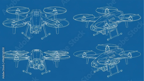 Blueprint Design of Drone Quadcopter Technology in Engineering Draft, Digital Illustration, Technical Environment, Isometric View
