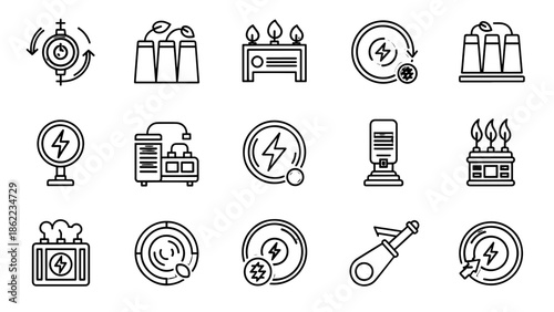A set of black and white line icons representing various elements of energy, power, and related concepts. Includes buildings, lightning bolts, and gears