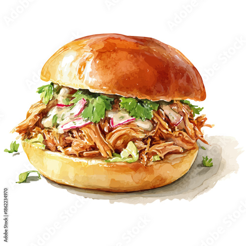 Watercolor illustration of Pulled Pork Sandwich, vector artwork, isolated on white background.