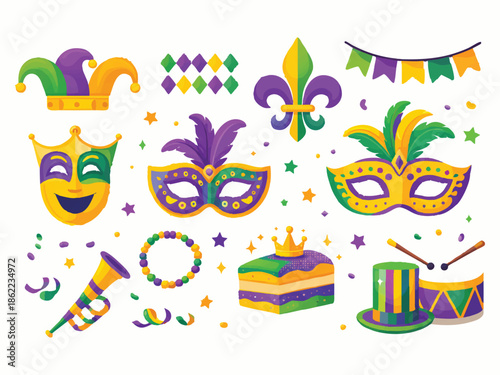 Mardi Gras Celebration Icons with Masks, Hats, and Festive Decorations