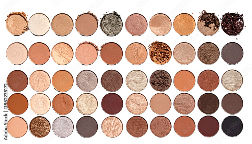 Fototapeta premium Round eyeshadow pans in varied neutral colors arranged in a grid, on a black background
