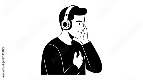 Man enjoying music with headphones on white background