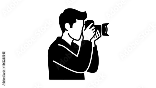 Man taking picture with camera, simple black and white illustration