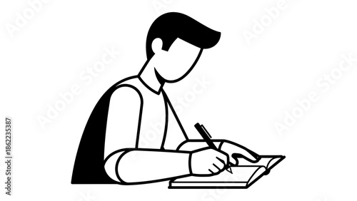 Man writing in notebook with pen, simple illustration