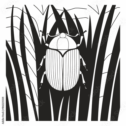 Detailed black and white woodcut style illustration of a large male stag beetle featuring prominent mandibles standing upon stylized grassy terrain