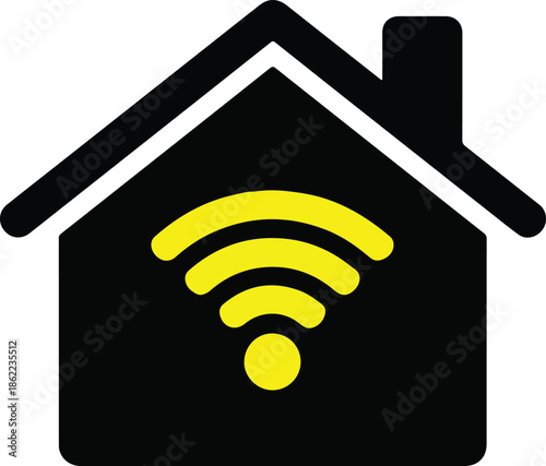 Black House Icon with a Yellow Wi- Fi Signal Symbol Inside Representing Smart Home Technology wifi