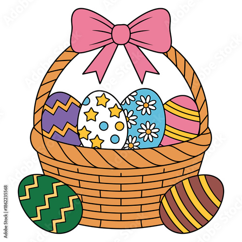 Colorful Easter Basket with Decorated Eggs and Pink Bow