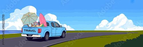 Blue Truck Traveling on Road with Surfboard and Umbrella