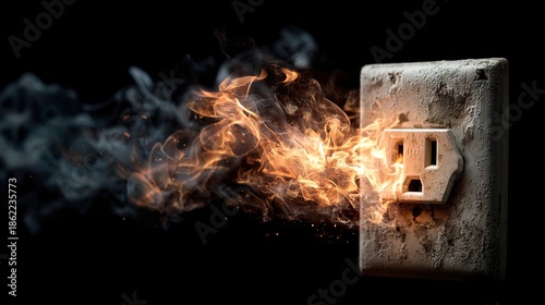 Close up Isolated Damaged Electrical Outlet with Flames and Smoke Danger