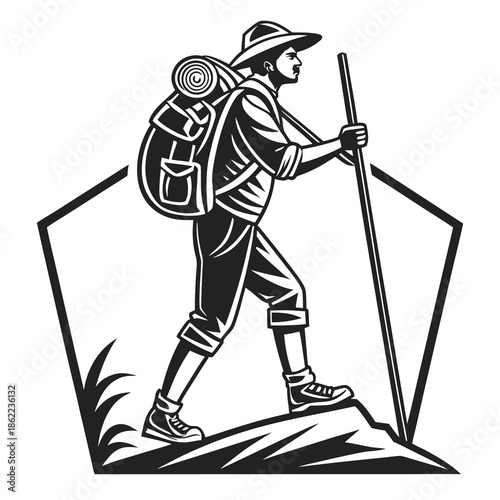 Hiker with large backpack and trekking pole walks uphill inside a pentagon frame suggesting an outdoor adventure emblem.