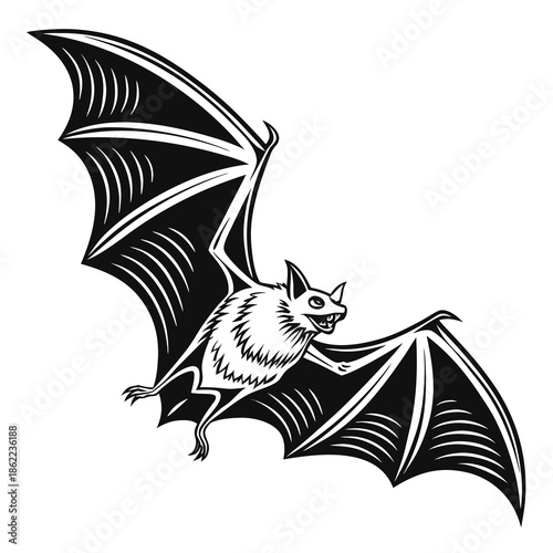A single stylized bat is shown in flight with its large membranous wings extended in a bold graphic design.