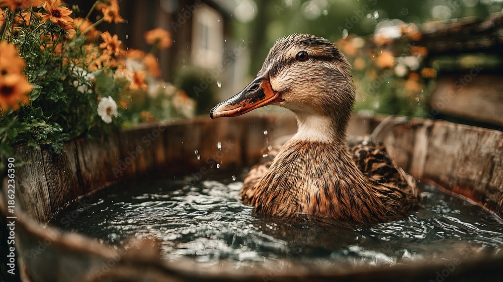 Fototapeta premium Serene Close Up of Mallard Duck Bathing in Wooden Tub Outdoors