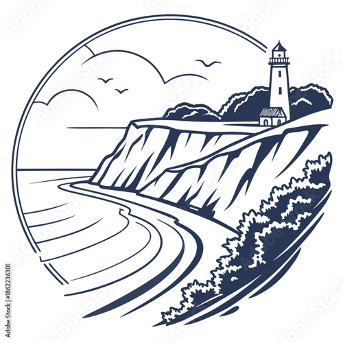 Simple Ocean Horizon and Cliff Vector Icon for Seaside Resort and Marine Conservation