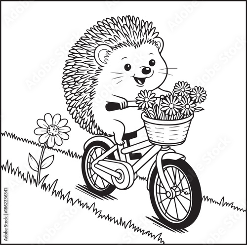 Cute animal hedgehog riding bicycle in natural scenery black line art vector illustration coloring page for kids
