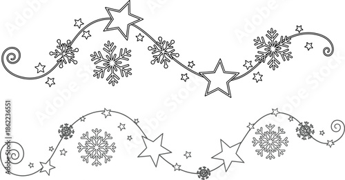 Elegant winter holiday garland with ornate swirling lines, decorative stars, and intricate snowflakes for festive seasonal design projects