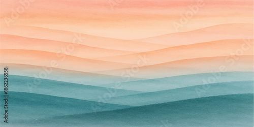 Abstract watercolor background of blue ocean waves under a summer sunset sky with soft clouds and light reflections on the water surface creates a beautiful nature landscape wallpaper
