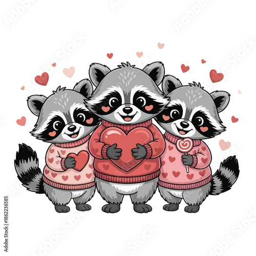 A Valentine-themed illustration design featuring three adorable cartoon raccoons standing side by side, each with a unique sweet pose. T-shirts, sweatshirts and stickers.