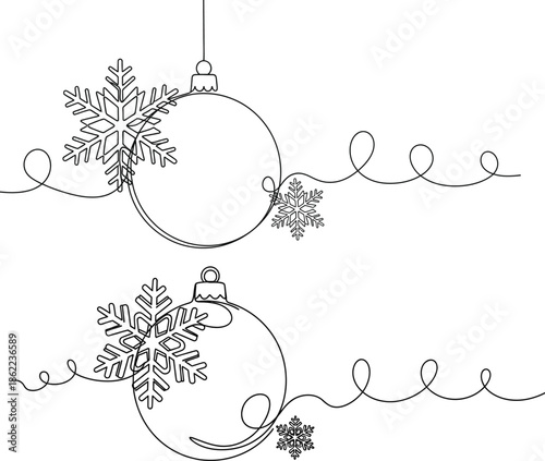 Elegant continuous line art illustration of festive Christmas ornaments adorned with delicate snowflakes, perfect for minimalist holiday designs and winter celebrations