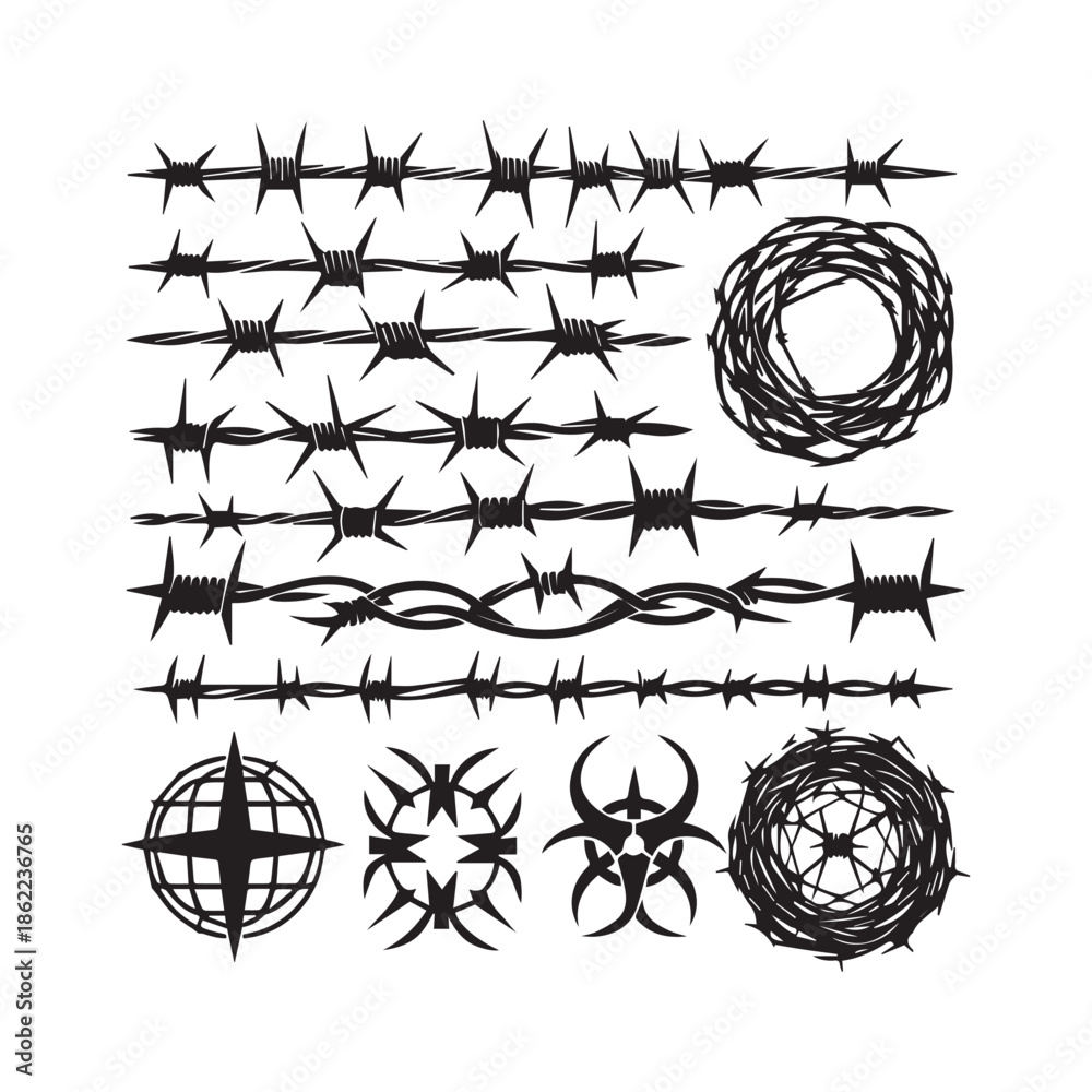 Fototapeta premium Barbed Wire Collection Vector Set Isolated on White