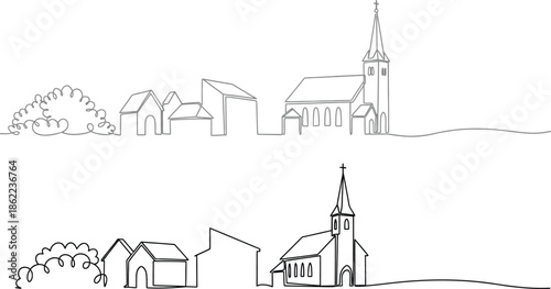 Artistic Continuous Line Drawing Capturing a Serene Village Landscape with a Prominent Church and Quaint Houses in a Minimalist Style Illustration