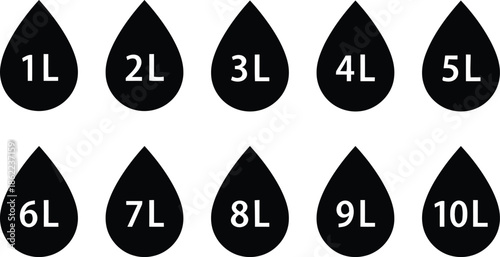 Set of liquid volume measurements in droplet shape denoting one liter to ten liters of liquid capacity for recipes, packaging or educational purposes vector illustration