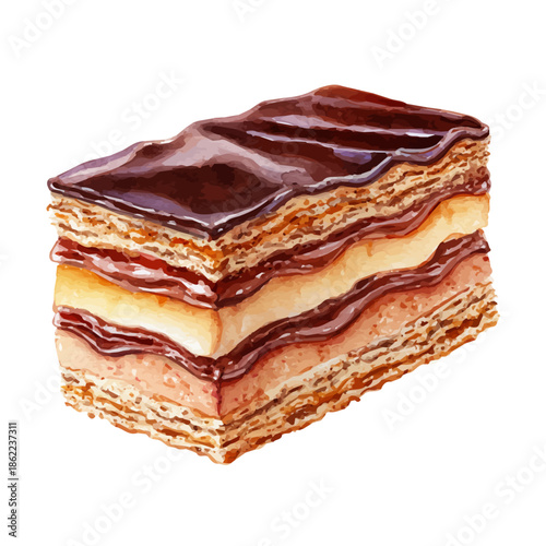 Watercolor illustration of Opera Cake, vector artwork, isolated on white background.