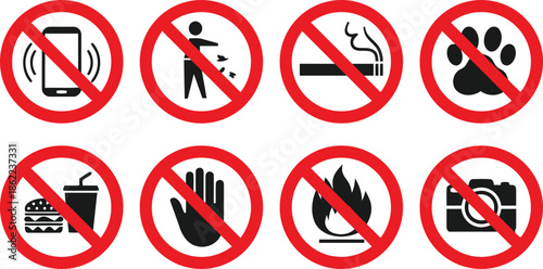 Prohibited Restriction Sign and Forbidden Actions Icons Set of No Cell Phone Littering Smoking Pets Food Hand Fire Camera Symbol in a Red Circle