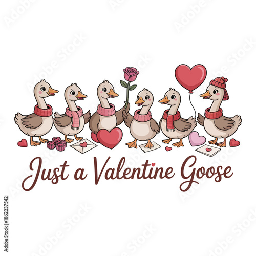 A Valentine-themed illustration design featuring rows of adorable cartoon geese in various sweet poses. Gijra Valentine with ingredients. text “just a valentine goose”
