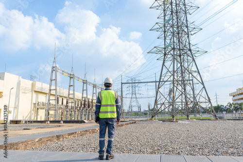 Cuadro en lienzo Back view of electrical engineer wearing safety gear looking at high voltage transmission towers and substation, planning power grid maintenance and infrastructure development outdoors