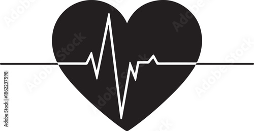 Black Silhouette of a Heart with a White EKG Line Running Through It on a White Background electrocardiogram