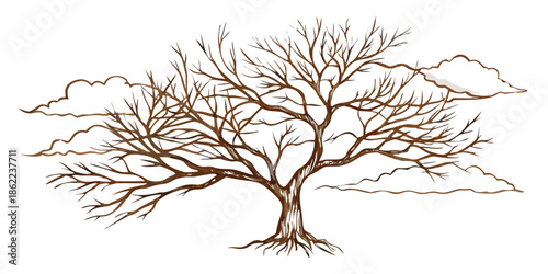 A stark bare tree silhouetted against a dark sky with a single bird flying