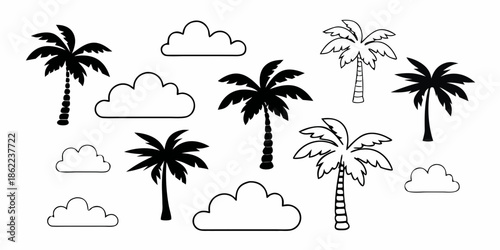 Tropical scene with black and white palm trees and fluffy clouds illustration